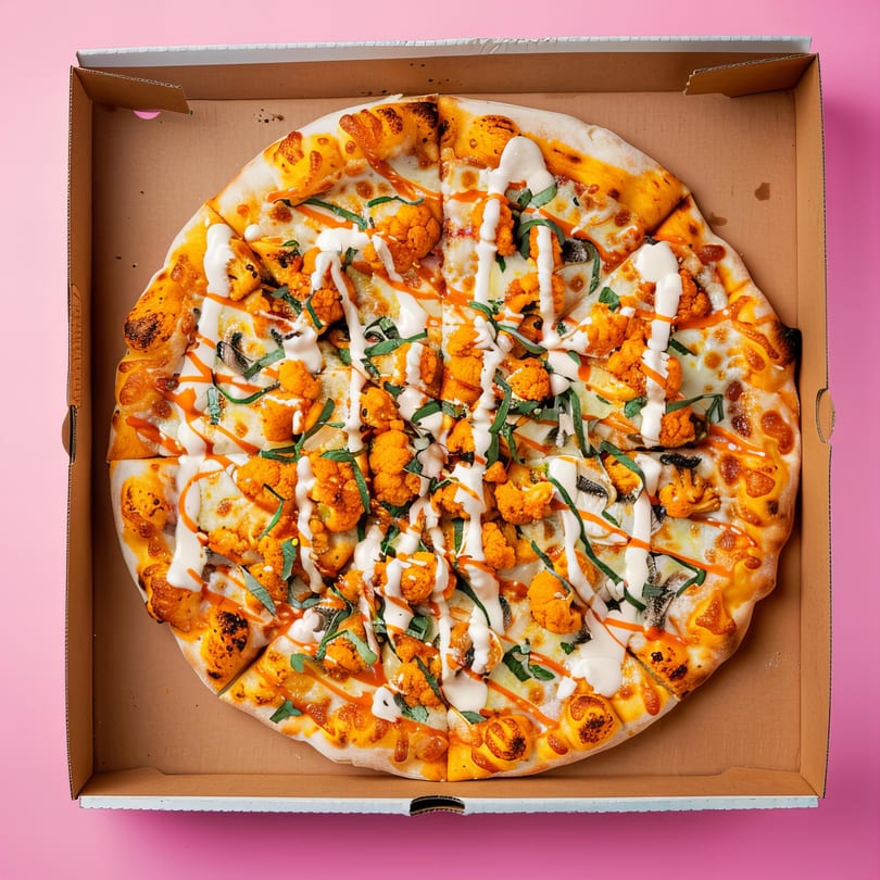 La Pizzeria's buffalo cauliflower pizza, drizzled with white and orange sauces, in a cardboard box.